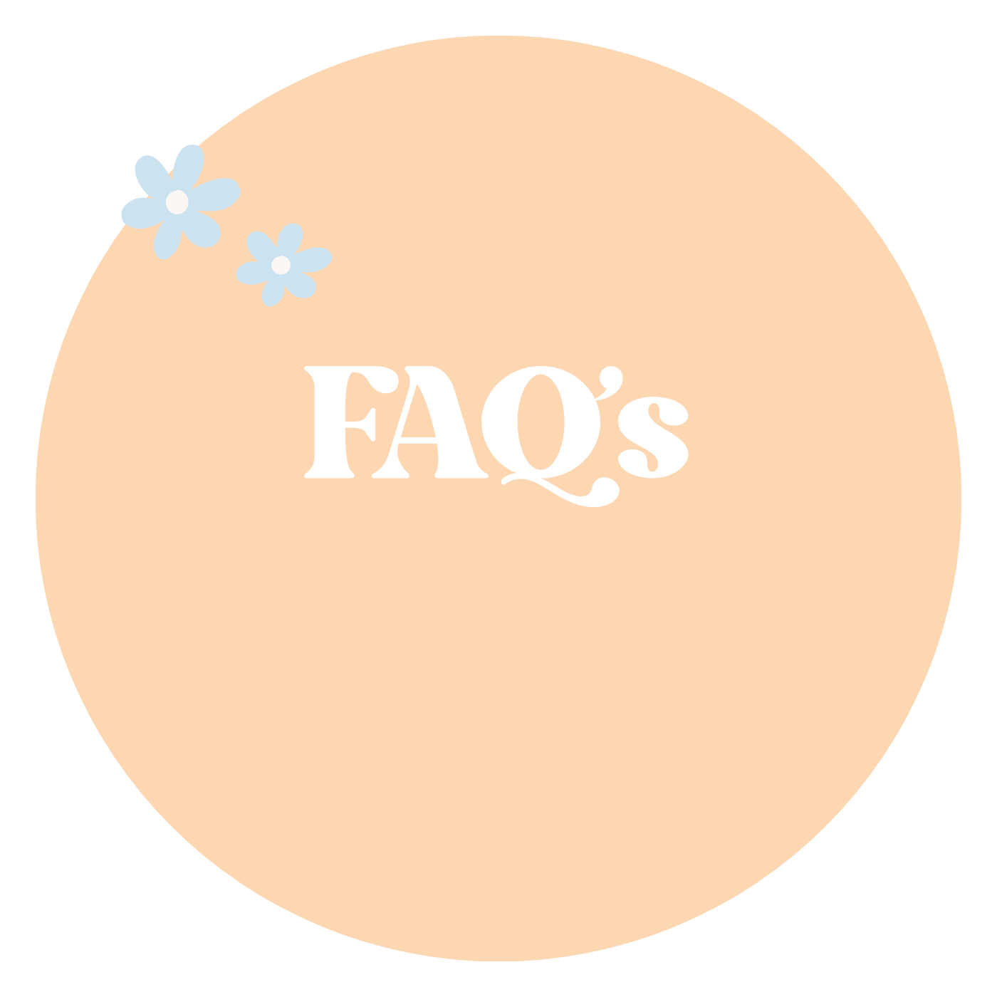 Beige circle with 'FAQ's' text and blue flowers on a green background