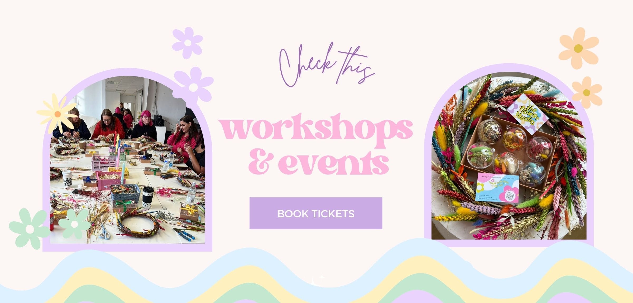 Promotional banner for workshops and events with images of a table and craft materials.