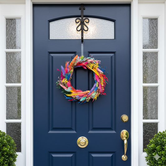 Blue door with a colorful wreath and gold hardware