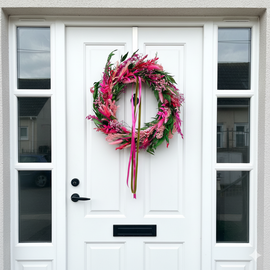 Decorative wreath with pink and green ribbons on a white door