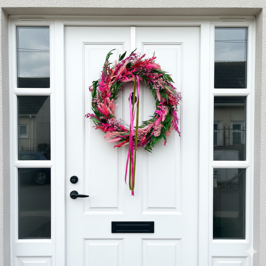Decorative wreath with pink and green ribbons on a white door