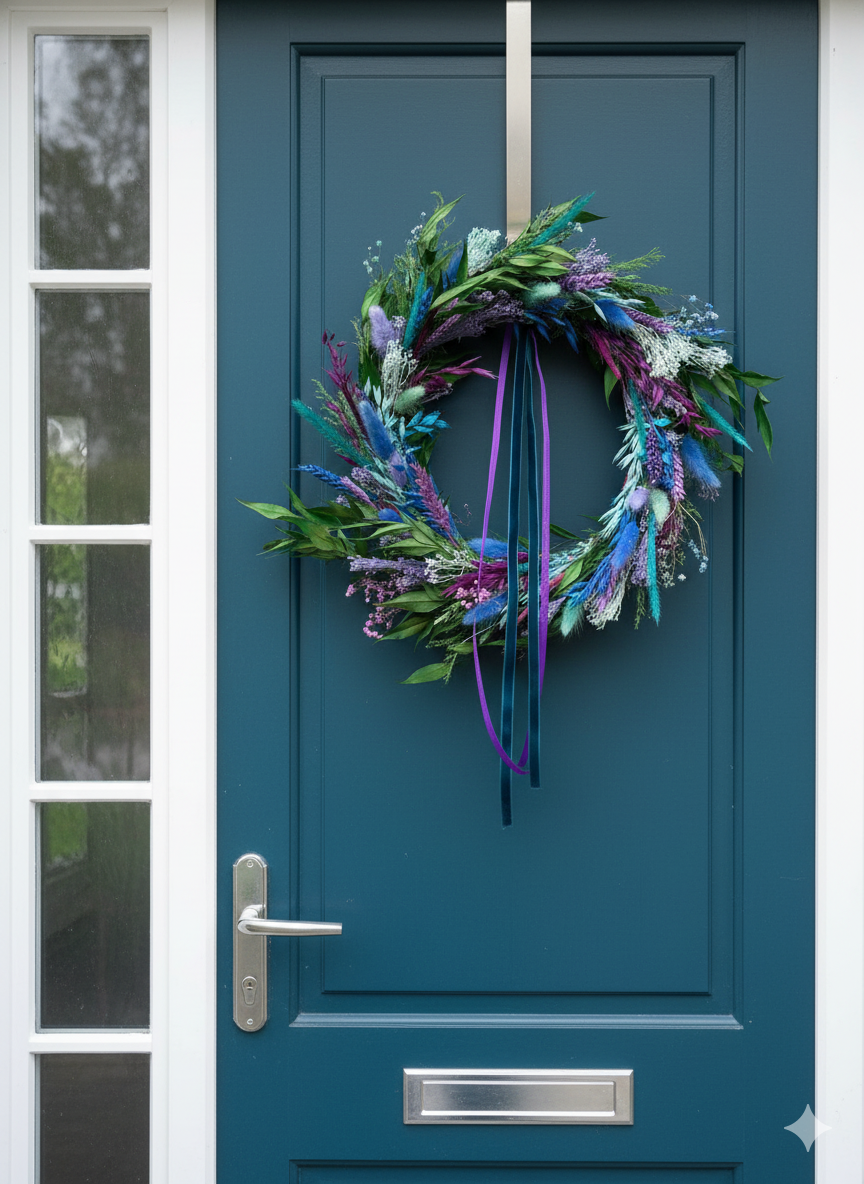 Decorative wreath on a blue door with a white frame