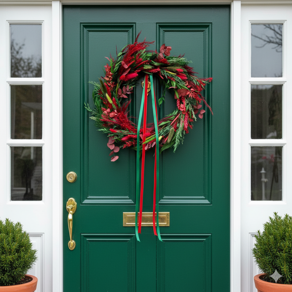 Green door with a festive wreath featuring red and green ribbons, flanked by two potted plants.