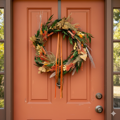 Decorative wreath on a brown door with greenery and orange ribbons.