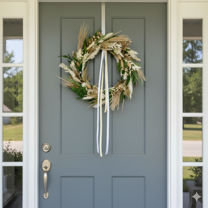 Decorative wreath on a gray front door with a white background
