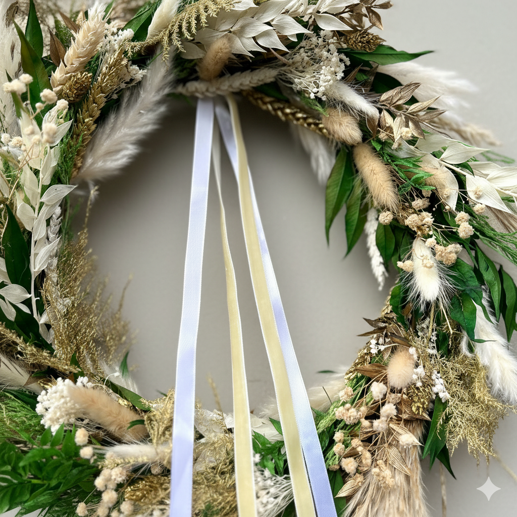 Decorative wreath with greenery, white flowers, and ribbons on a neutral background