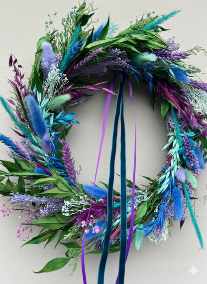 Colorful floral wreath with green, purple, and blue flowers on a light background