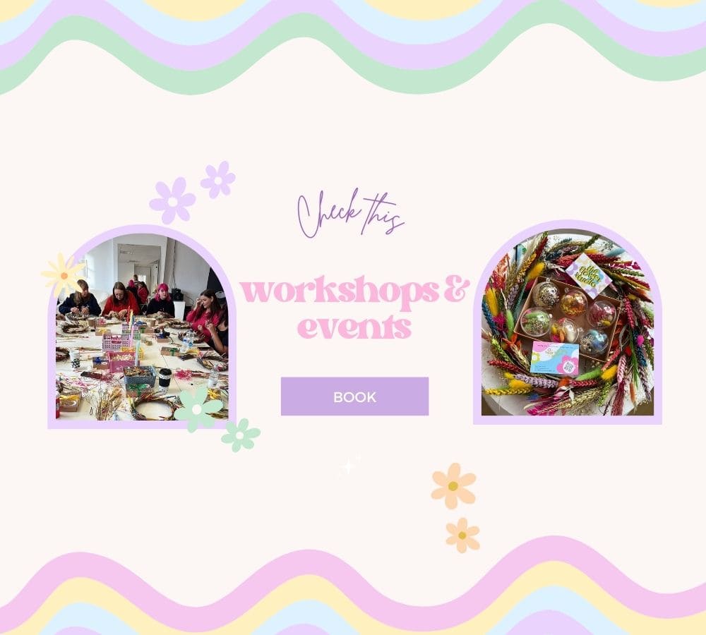 Promotional graphic for workshops and events with images of a workshop setup and craft materials.