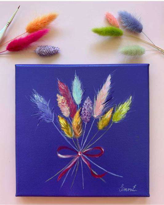 Floral painting on a blue canvas with dried flowers and paintbrushes on a light pink background, promoting an event at The Flower Studio.