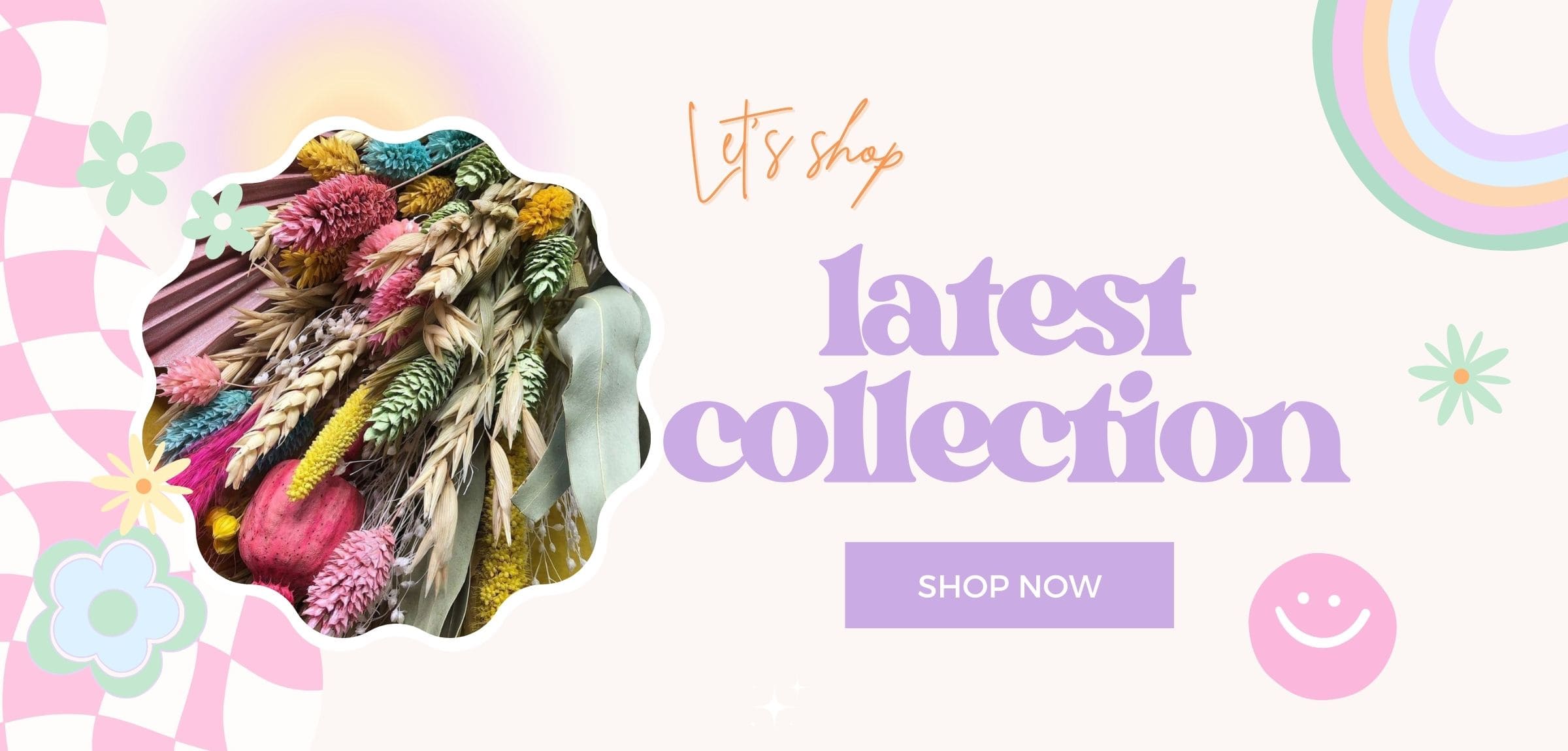Promotional banner with colorful flowers and text 'latest collection' on a light background