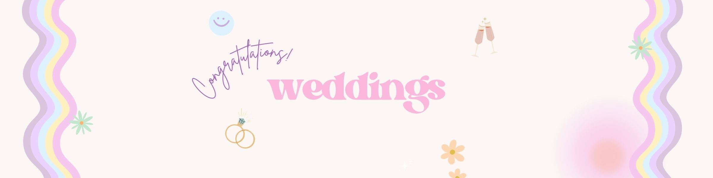 Decorative banner with 'Congratulations Weddings' text and wedding-related icons on a light pink background.