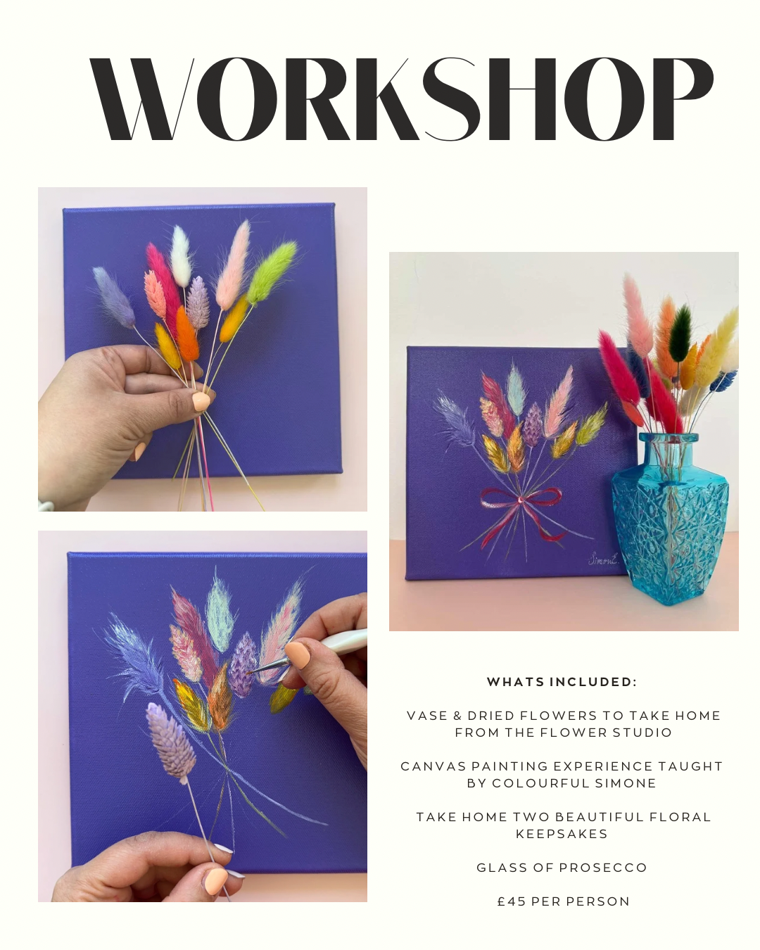 Promotional flyer for a workshop with colorful floral painting activity.