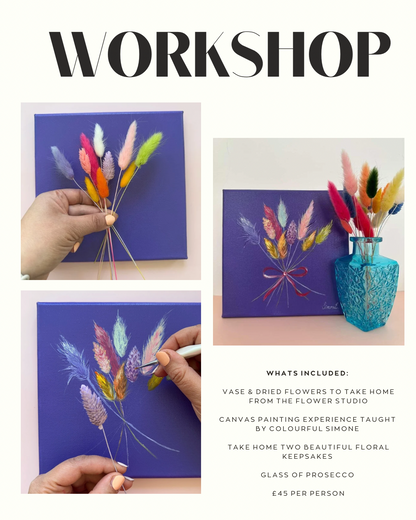 Promotional flyer for a workshop with colorful floral painting activity.