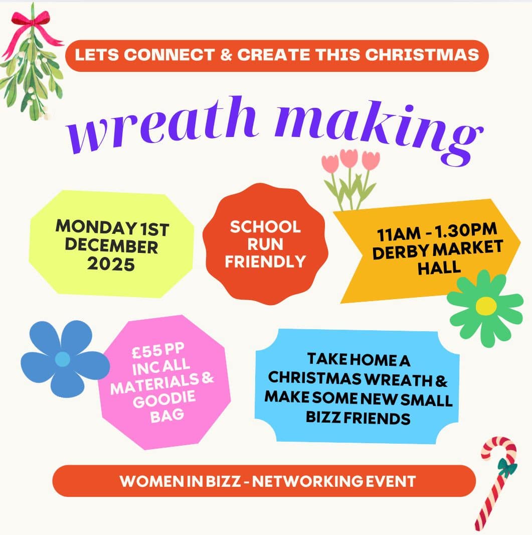Promotional flyer for wreath making event with colourful text and graphics on a white background.